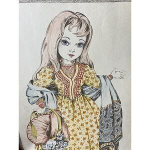 Ellen Nelson Colored Page Art Print Peasant Girl 17.5"x12" Vintage Big Eye Doll